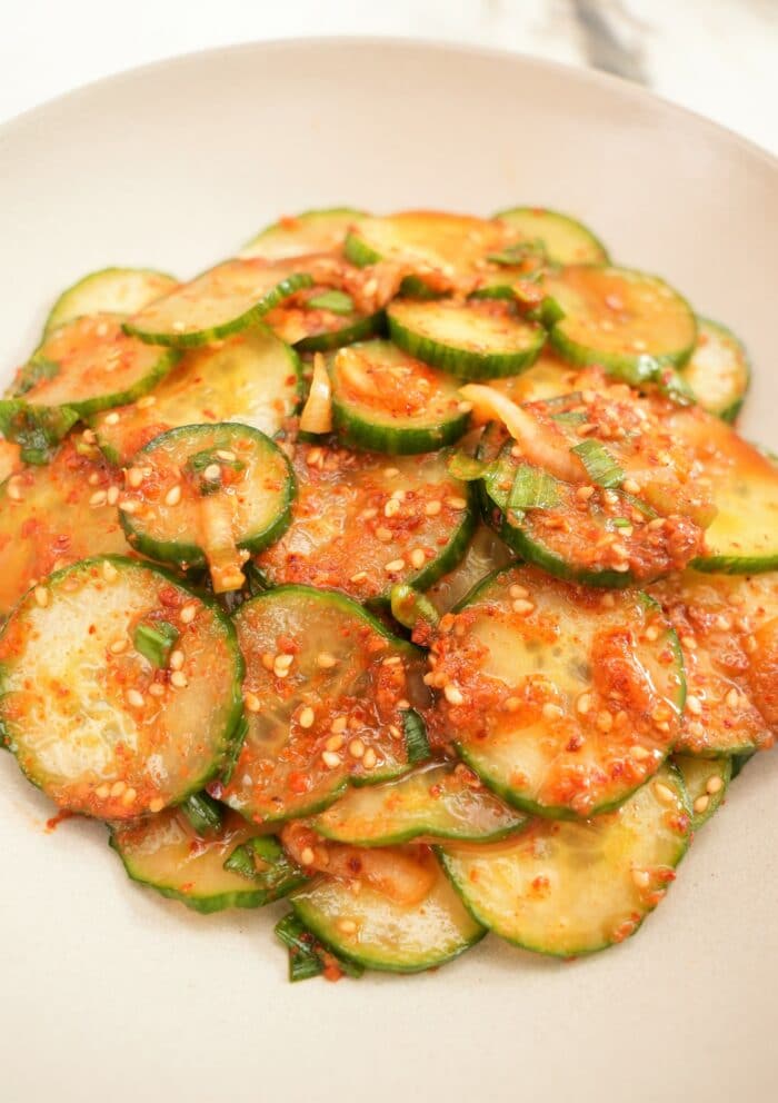 Korean Cucumber Salad plated on a bowl