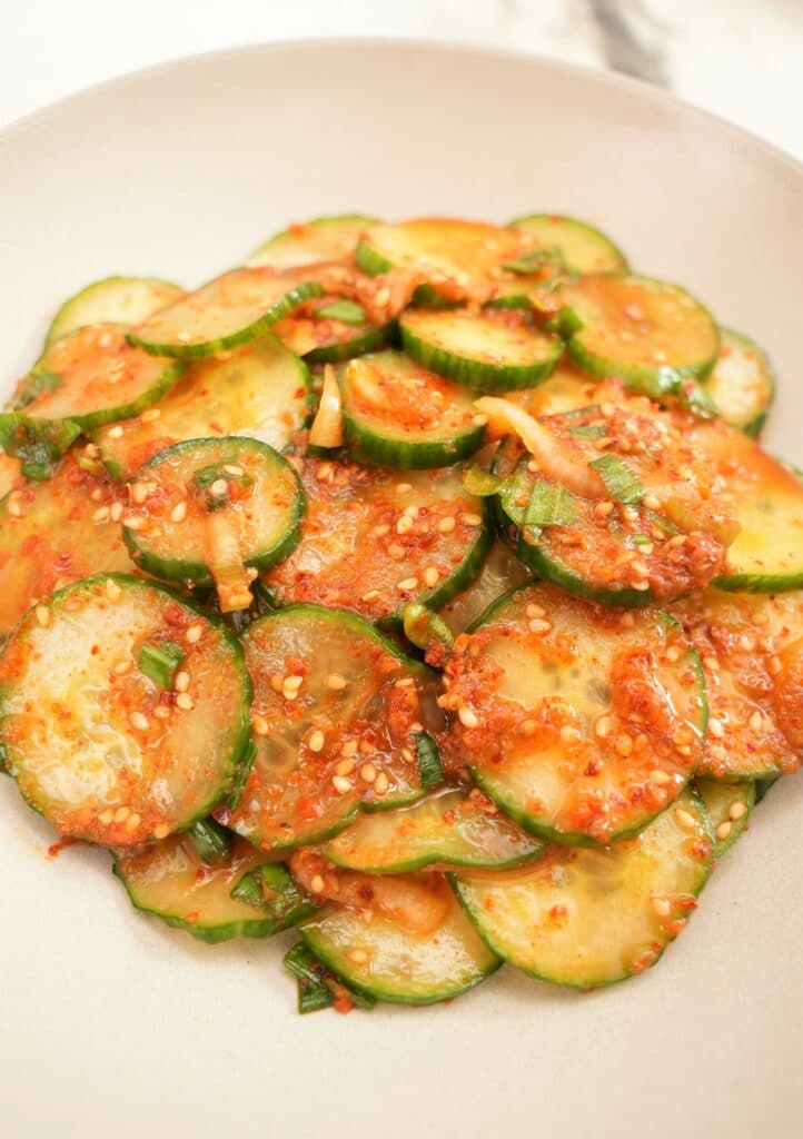 Korean Cucumber Salad plated on a bowl