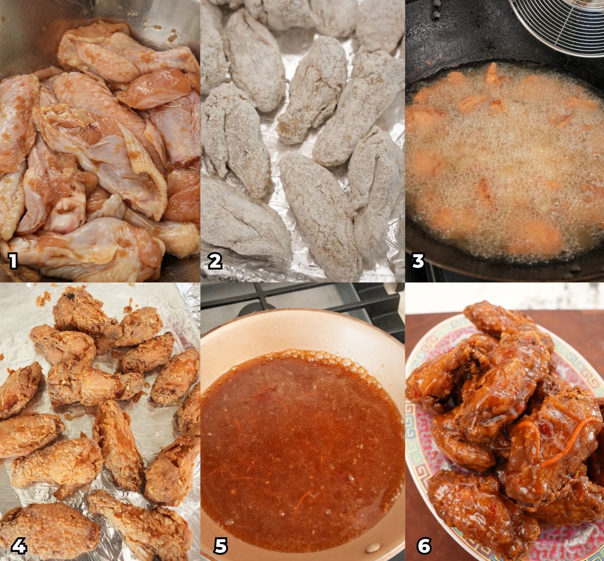 A 6 photo collage showing key cooking steps on how to make a Thai Sweet Chili Chicken Wings at home.