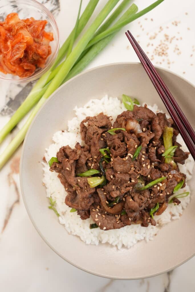 Beef Bulgogi Plated with Kimchi and rice