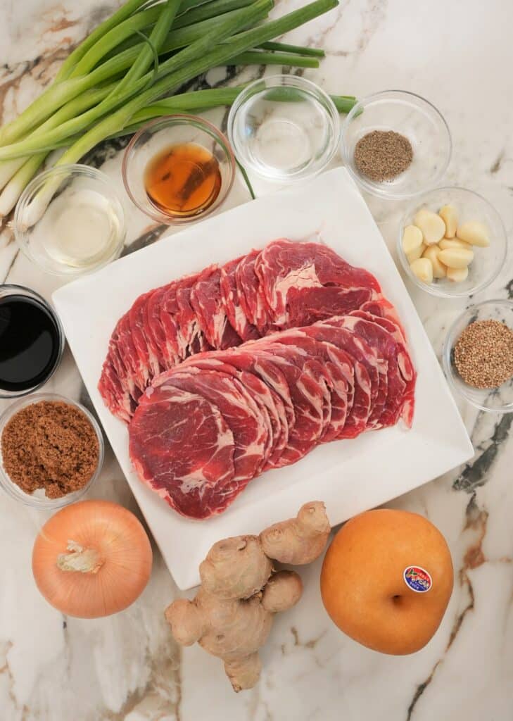 Ingredients for Beef Bulgogi displayed on a counter