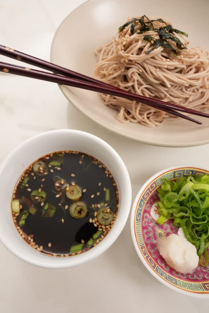 Plated Soba Noodles with sauce and grated radish