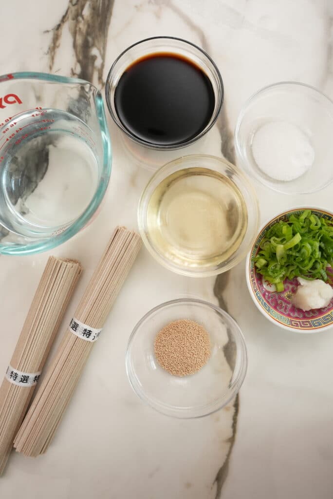 Raw ingredients for Cold Soba Noodles on a table.