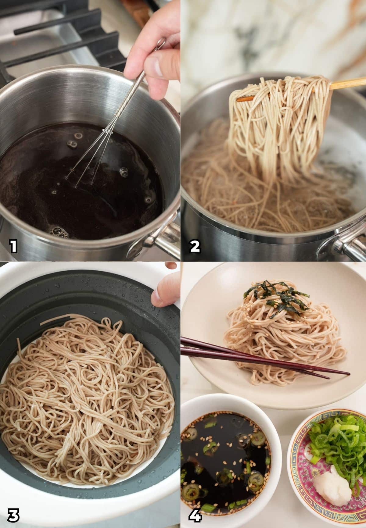 A 4 photo collage of key cooking steps on how to make Cold Soba Noodles (Zaru soba) at home.
