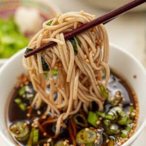 Cold Soba Noodles (Zaru soba) dipping in the sauce with chopsticks.