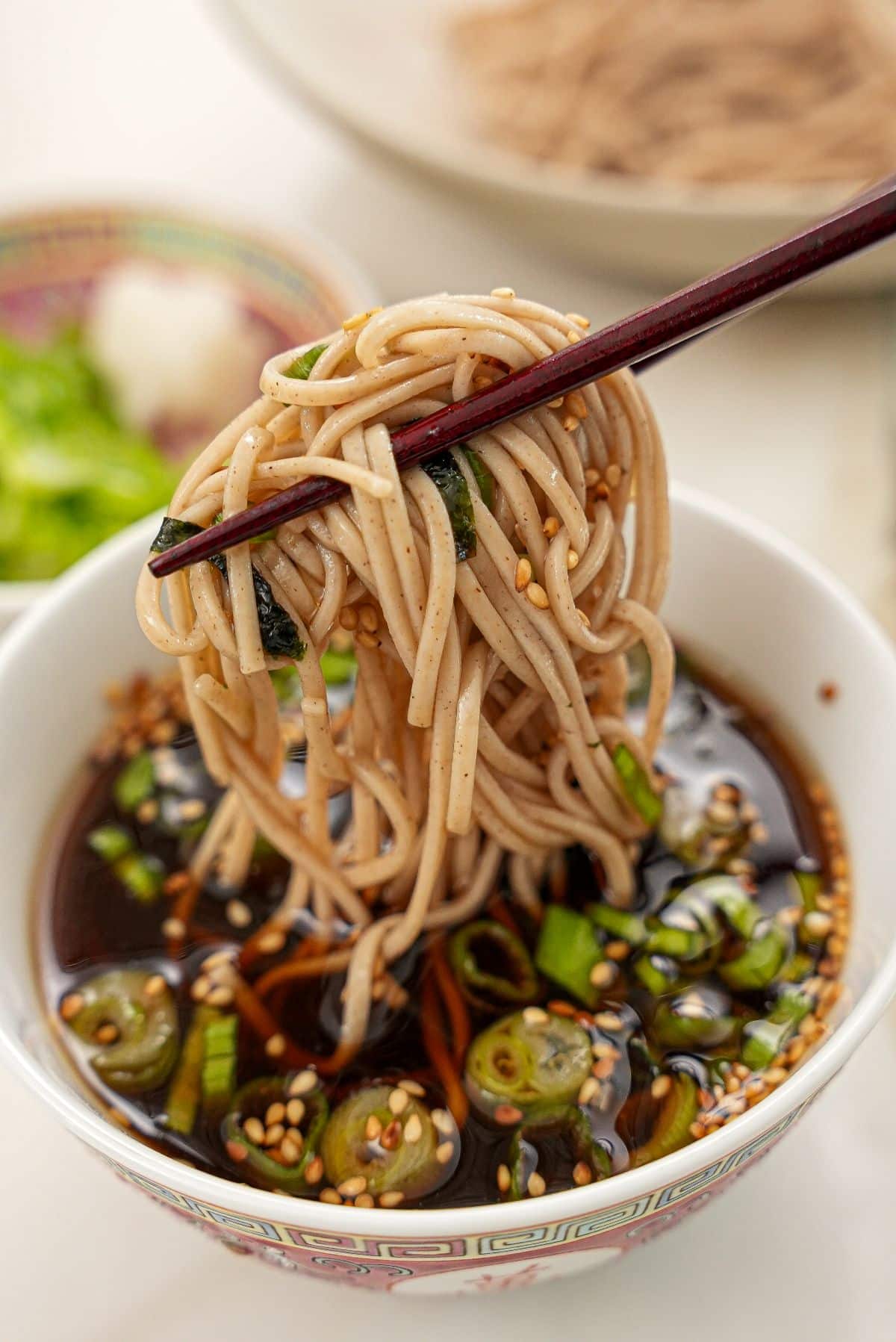 Cold Soba Noodles (Zaru soba) dipping in the sauce with chopsticks.