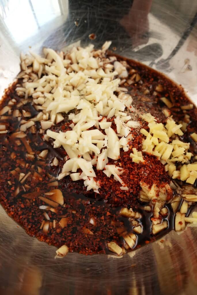 Unmixed spicy pork bulgogi marinade in a bowl