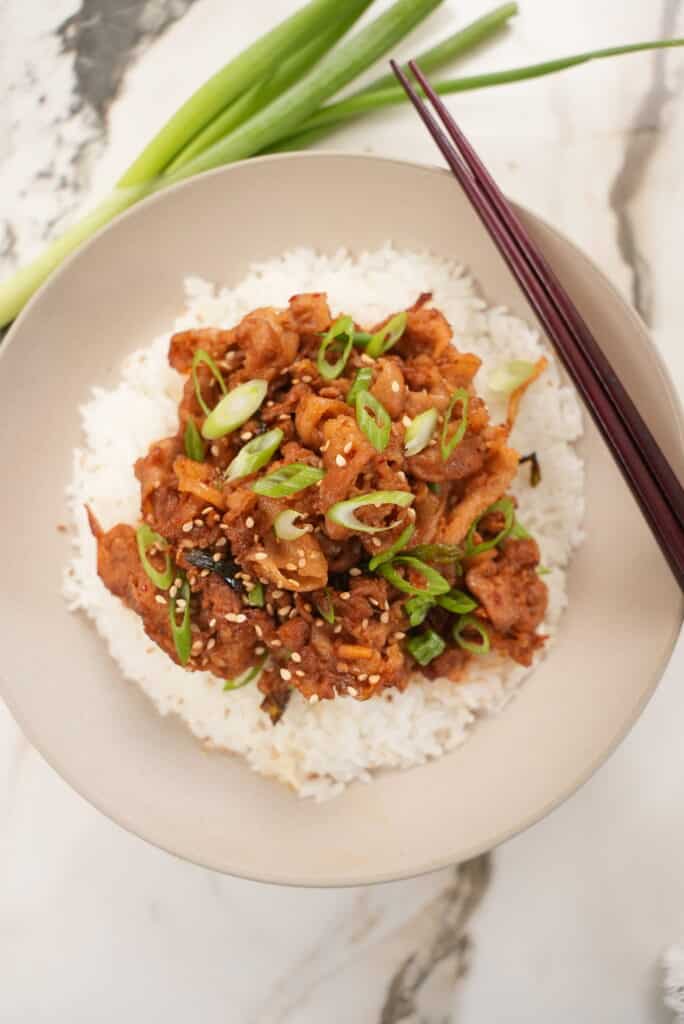 Close Up of Spicy Pork Bulgogi in a bowl with rice