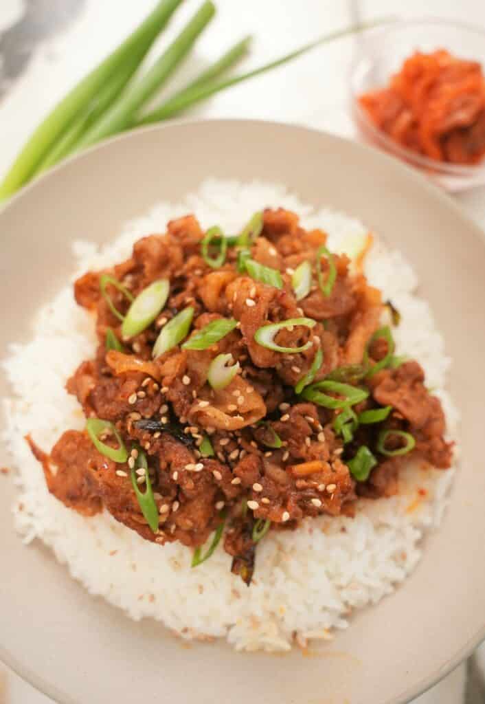 Close up of Spicy Pork Bulgogi on top of rice