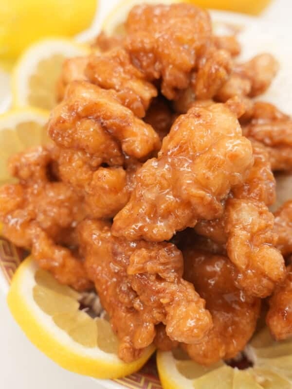 Crispy Chinese Lemon Chicken on a plate.