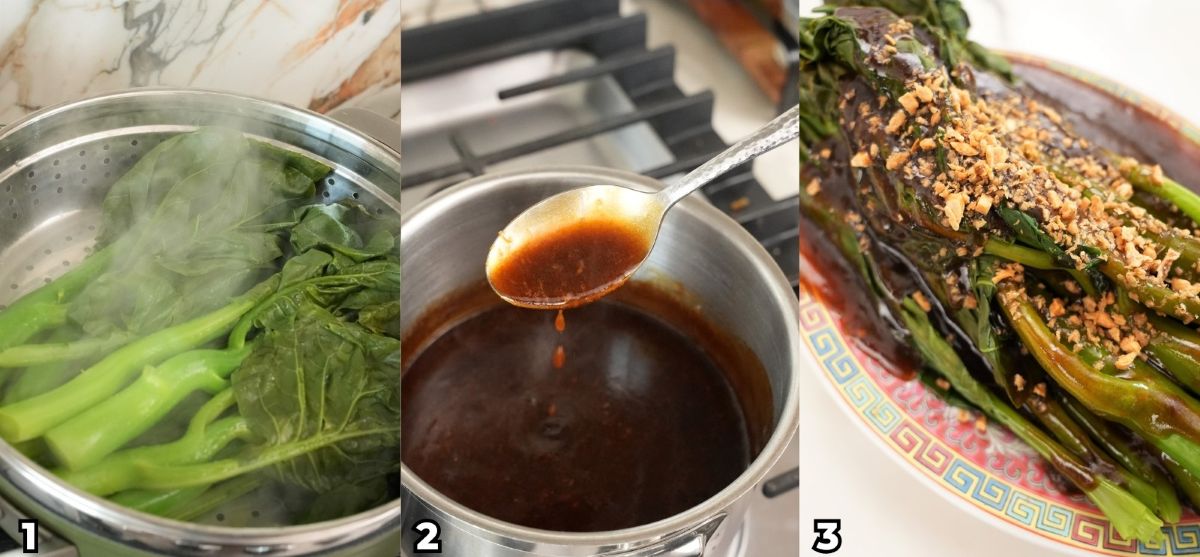 A 3 photo collage showing key cooking steps on how to make Gai Lan with Oyster Sauce.