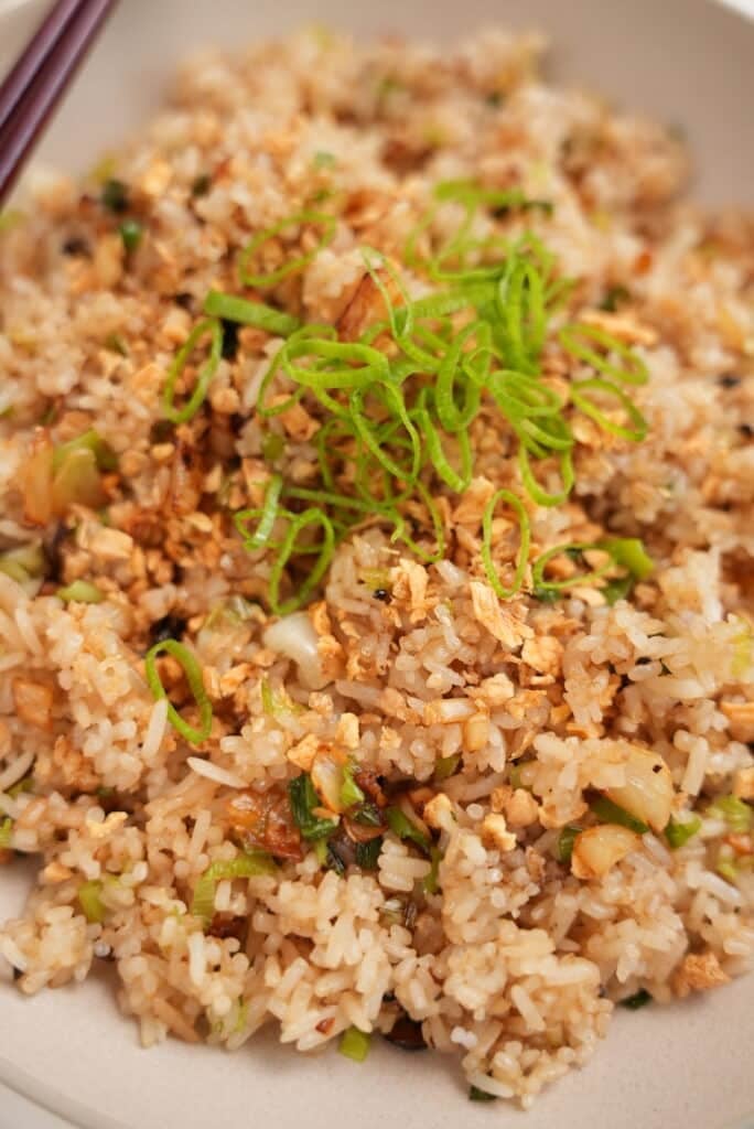 A close up photo of garlic fried rice topped with scallions in a bowl.