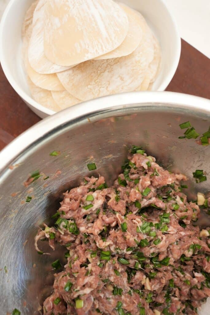 Pork and Chive dumpling mixture in bowl