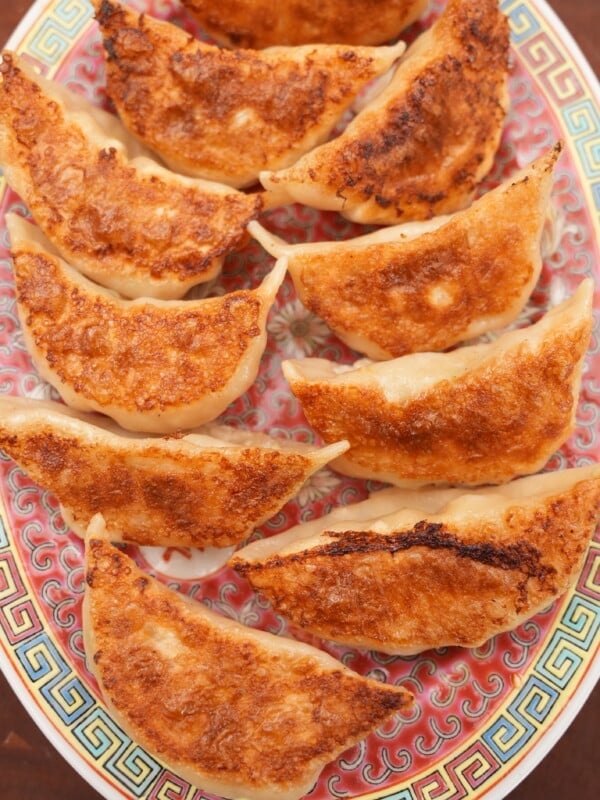 Pork and Chive Pan Fried dumplings on a plate