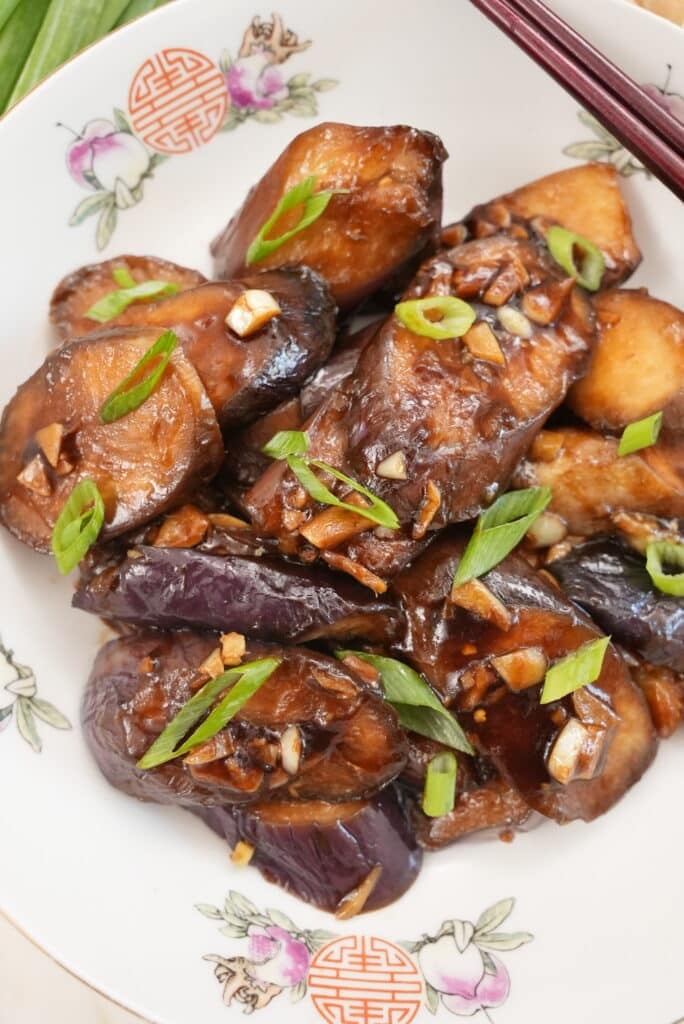 Close of up plated Chinese Eggplant with garlic sauce