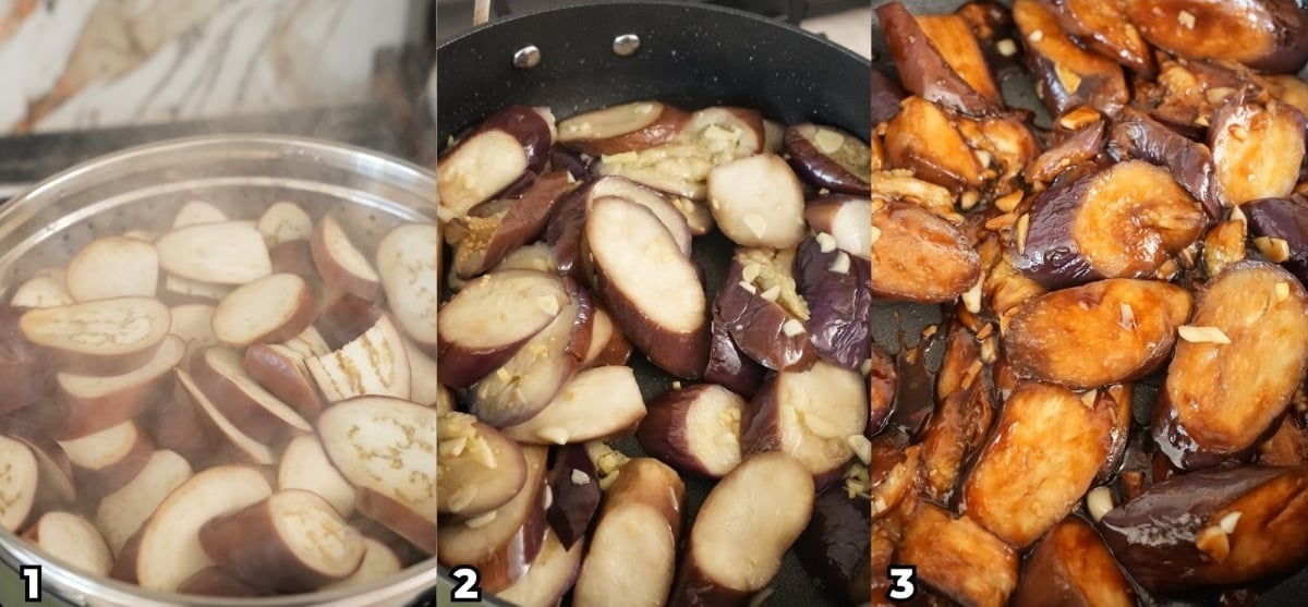 A 3 photo collage showing key cooking steps on how to make Chinese Eggplant with Garlic Sauce.