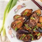 Chinese Eggplant with Garlic sauce on a plate.