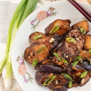 Chinese Eggplant with Garlic sauce on a plate