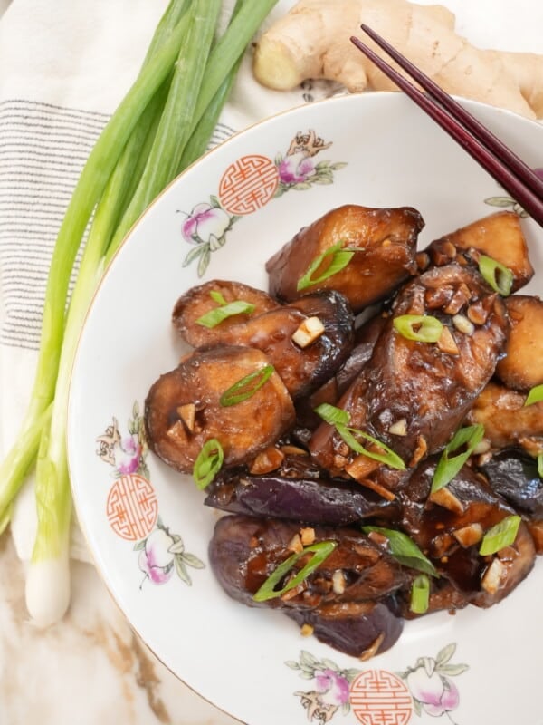 Chinese Eggplant with Garlic sauce on a plate