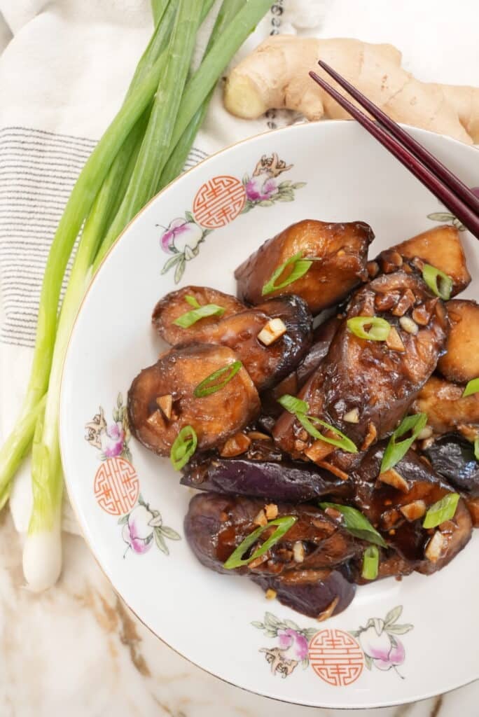 Chinese Eggplant with Garlic sauce on a plate.