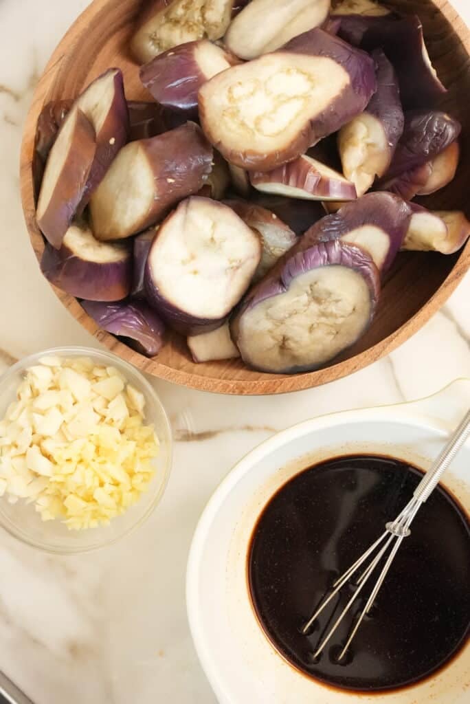 Raw ingredients for Chinese eggplant with garlic sauce