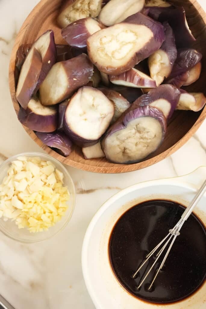 Raw ingredients for Chinese eggplant with garlic sauce.