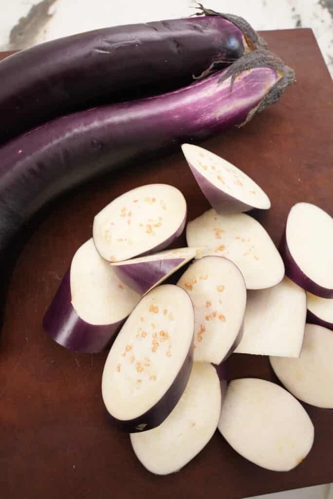 Chinese Eggplant cut into pieces.