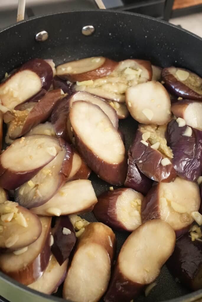 Chinese eggplant cooked with garlic.