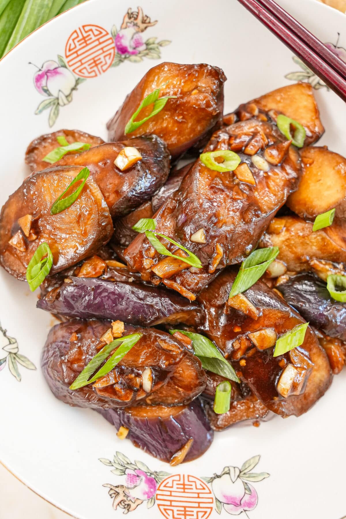 Chinese Eggplant with Garlic Sauce in a bowl.