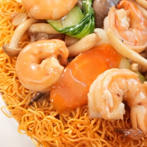 Hong Kong Style Shrimp Chow Mein noodles close up