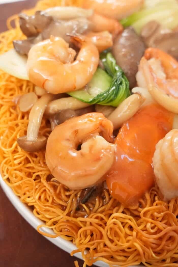 Hong Kong Style Shrimp Chow Mein Noodles close up on a plate