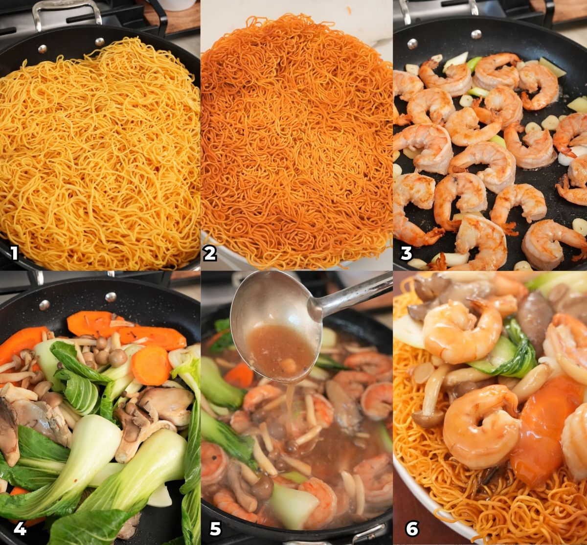 A 6 photo collage showing key cooking steps on how to make Hong Kong Shrimp Chow Mein at home.