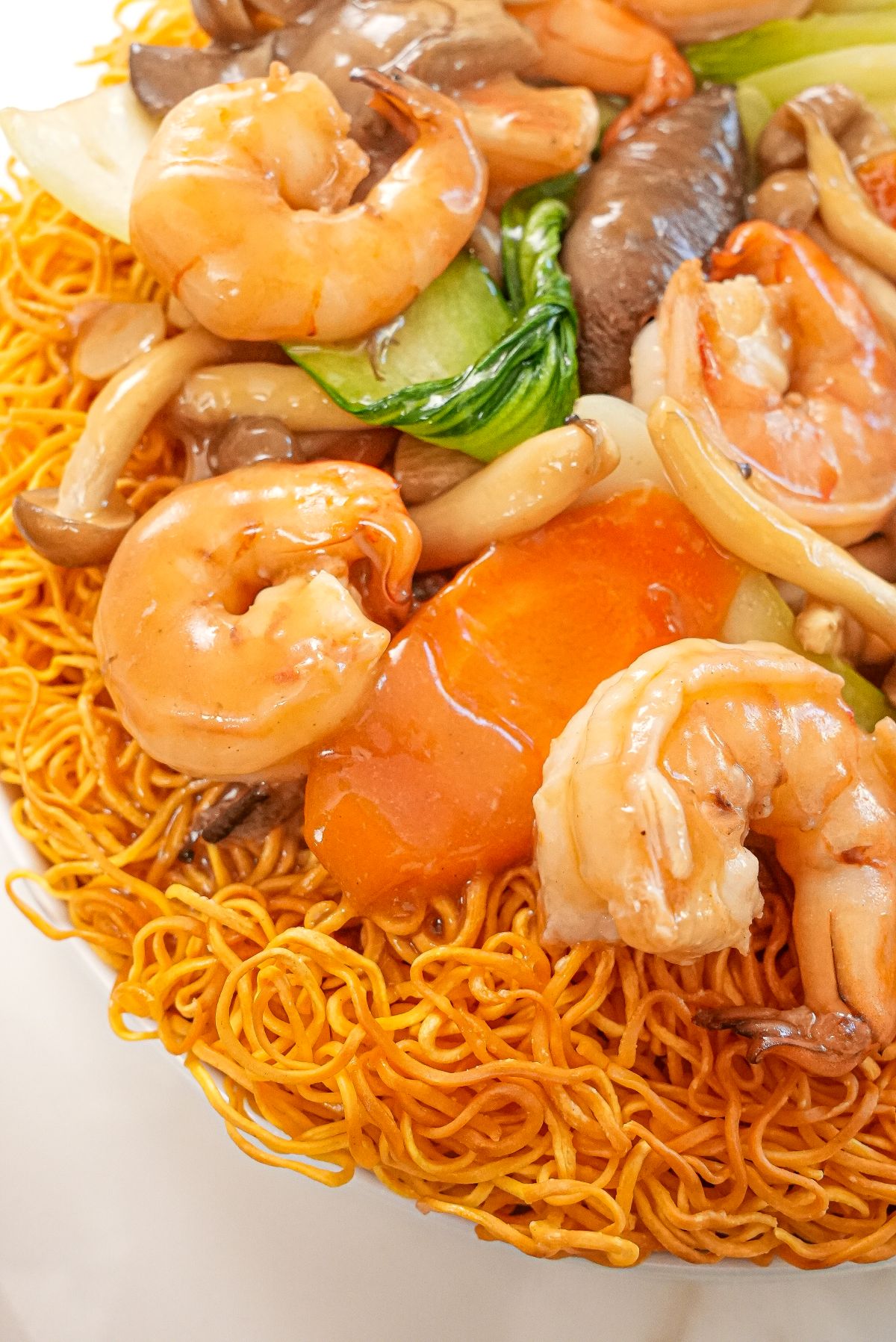 Hong Kong Shrimp Chow Mein on a plate with vegetables, shrimp, crispy noodles and gravy.
