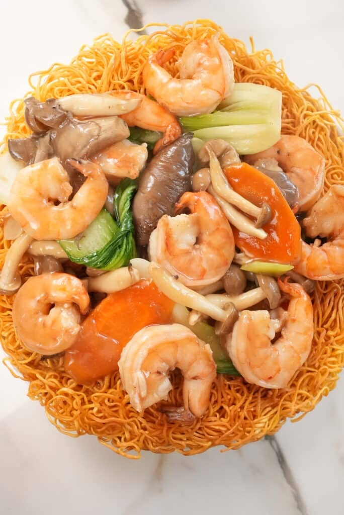 hong kong chow mein noodles on a plate