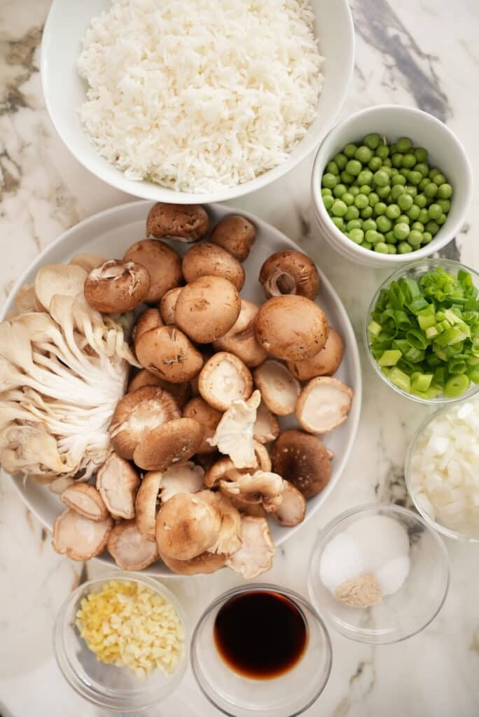 Raw ingredients for mushroom fried rice on plates