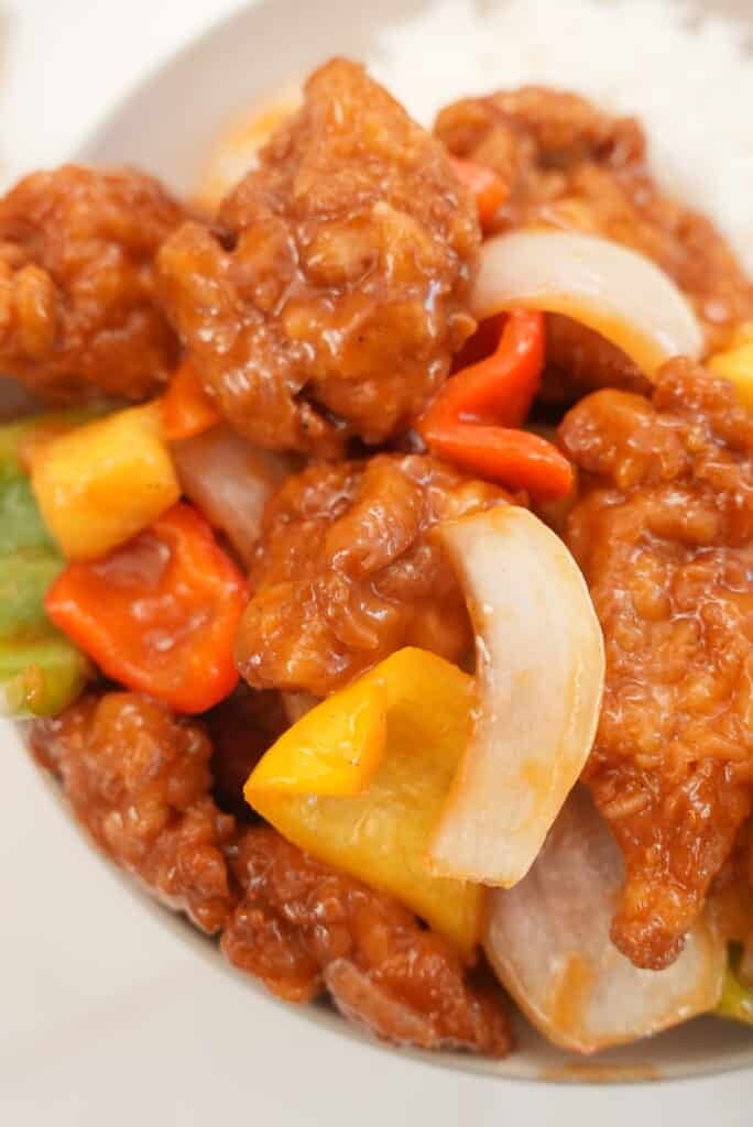 Sweet and Sour chicken close up on a plate