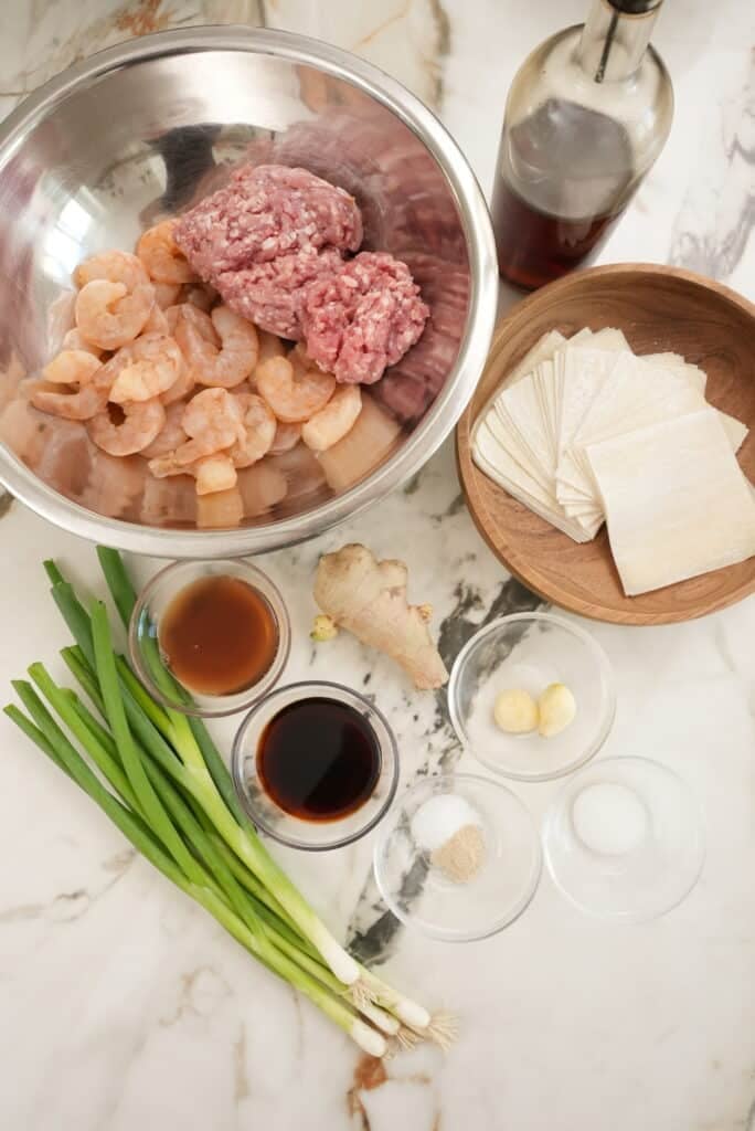 raw ingredients for wontons with spicy peanut suace