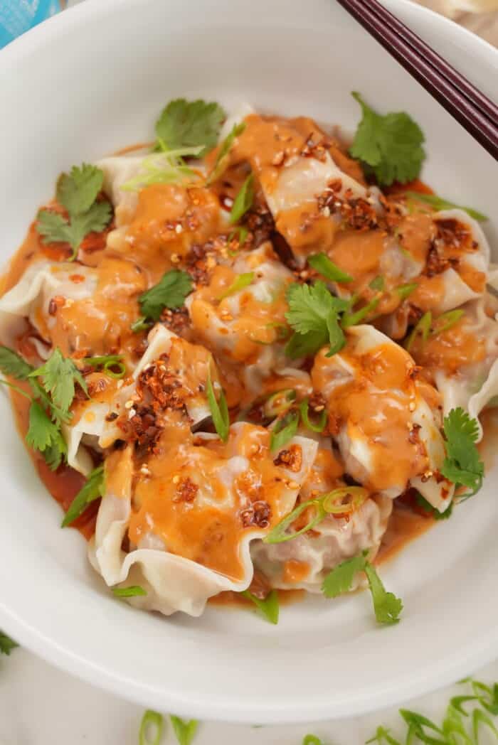 Wontons with Spicy Peanut Sauce - CJ Eats Recipes