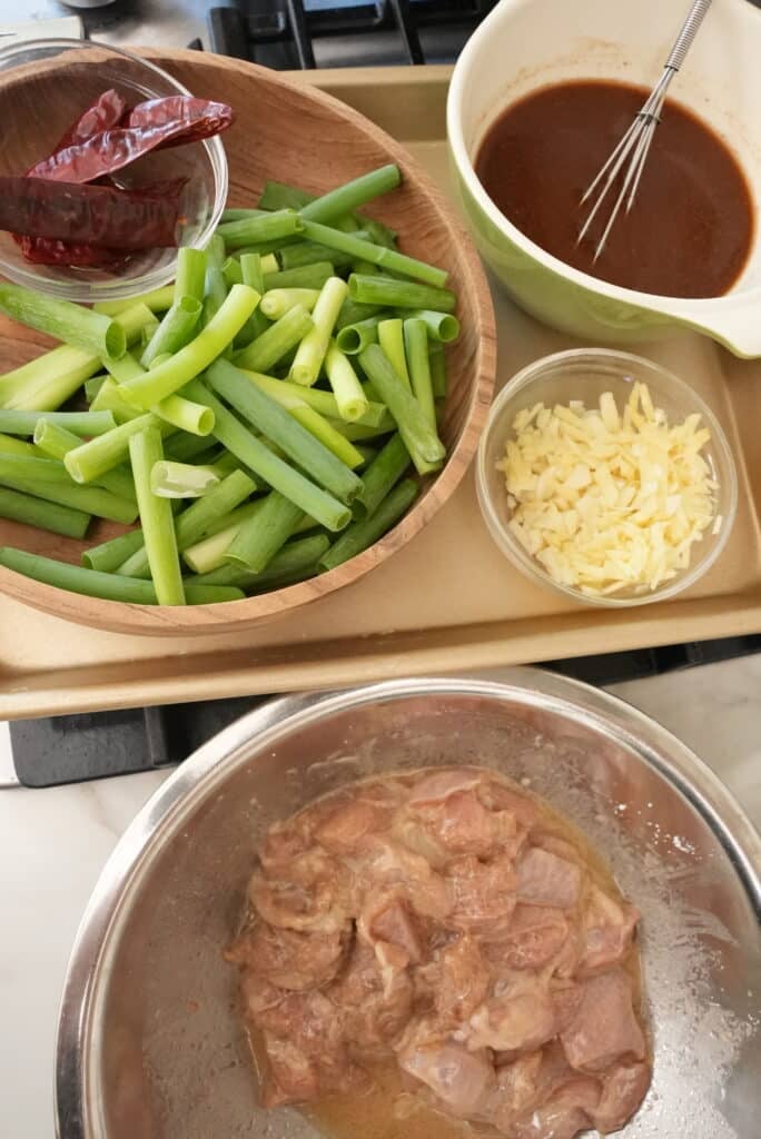 ingredients prepped for mongolian chicken