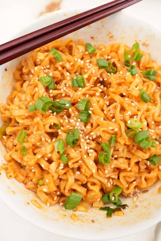 spicy garlic ramen close up in a bowl