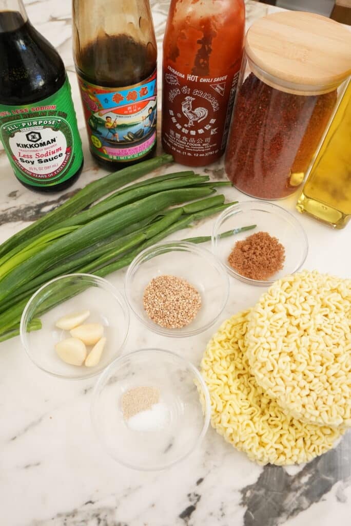 Spicy garlic ramen raw ingredients.