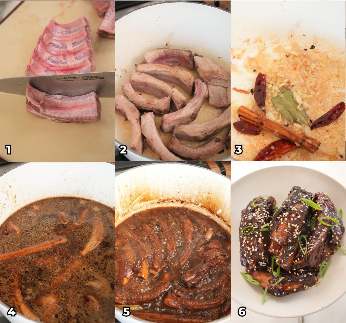 A 6 photo collage showing key cooking steps on how to make Sticky Asian Ribs at home.