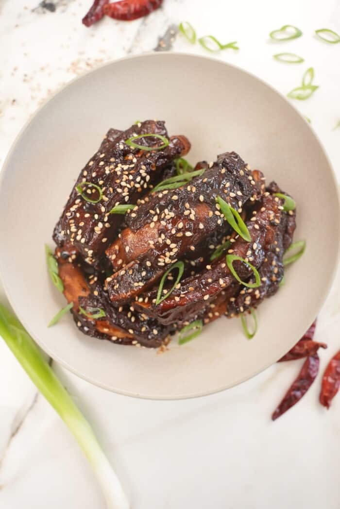Sticky asian ribs plated top down