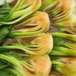 bok choy with oyster sauce on a plate