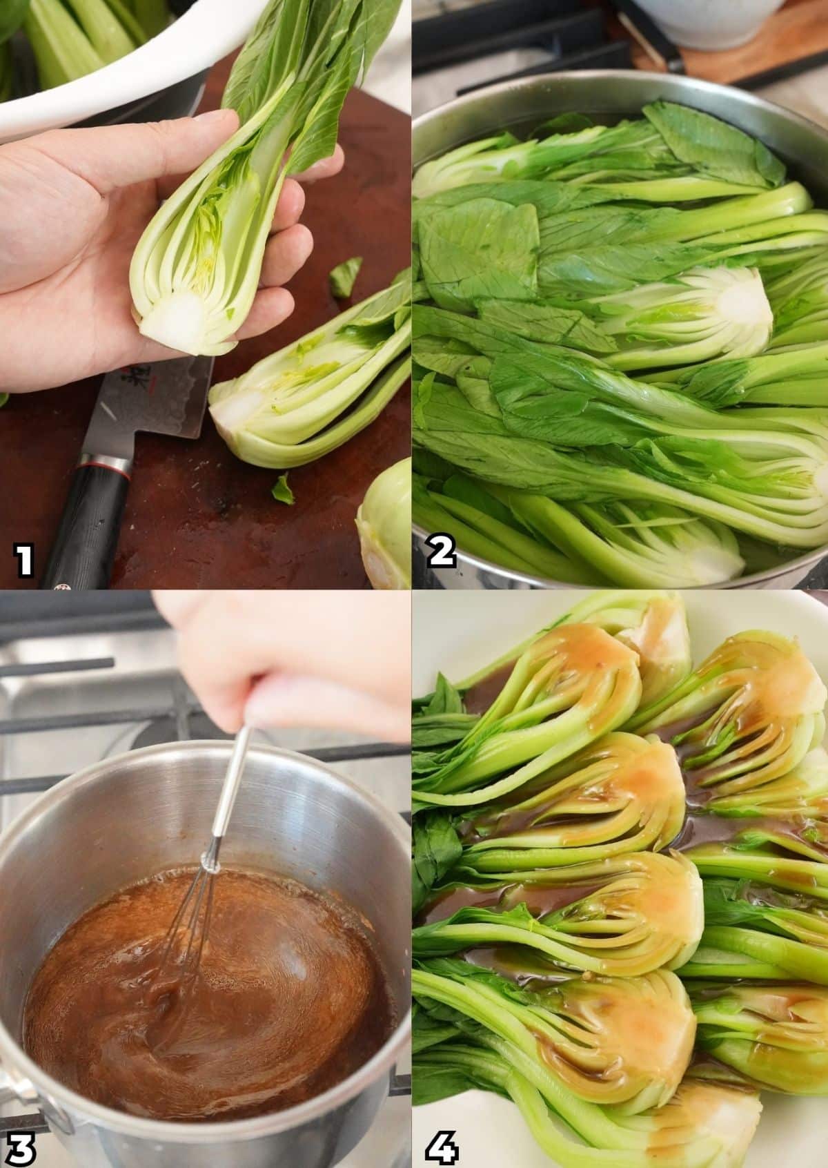 A 4 photo collage showing key cooking steps on how to make restaurant style bok choy with oyster sauce at home.