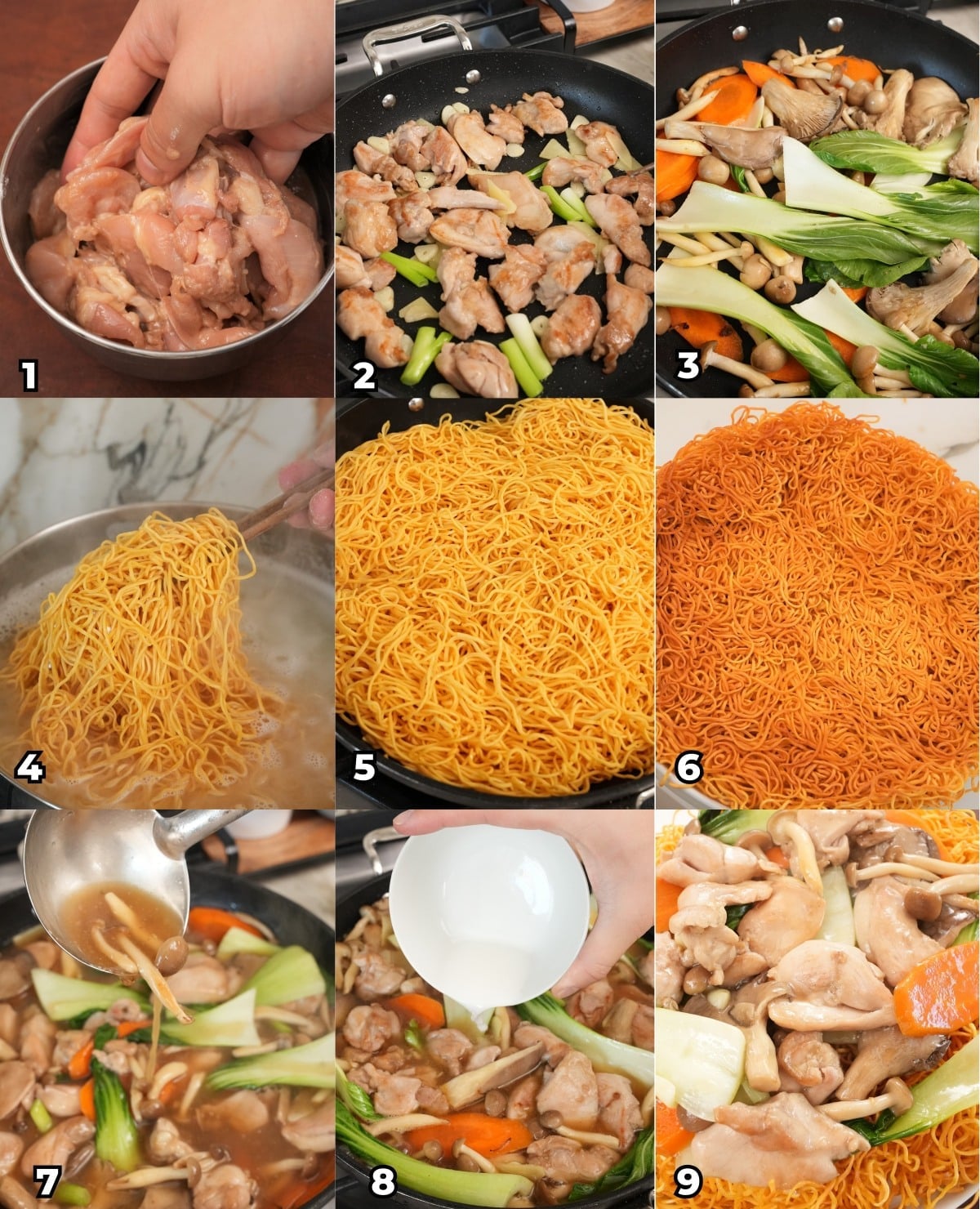 A 9 photo collage showing key cooking steps on how to make Chicken Chow Mein with Crispy Noodles at home.