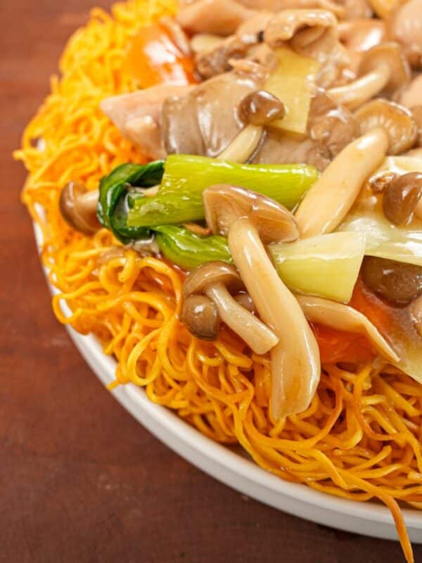 A plate of Chicken Chow Mein with Crispy Noodles on a plate.