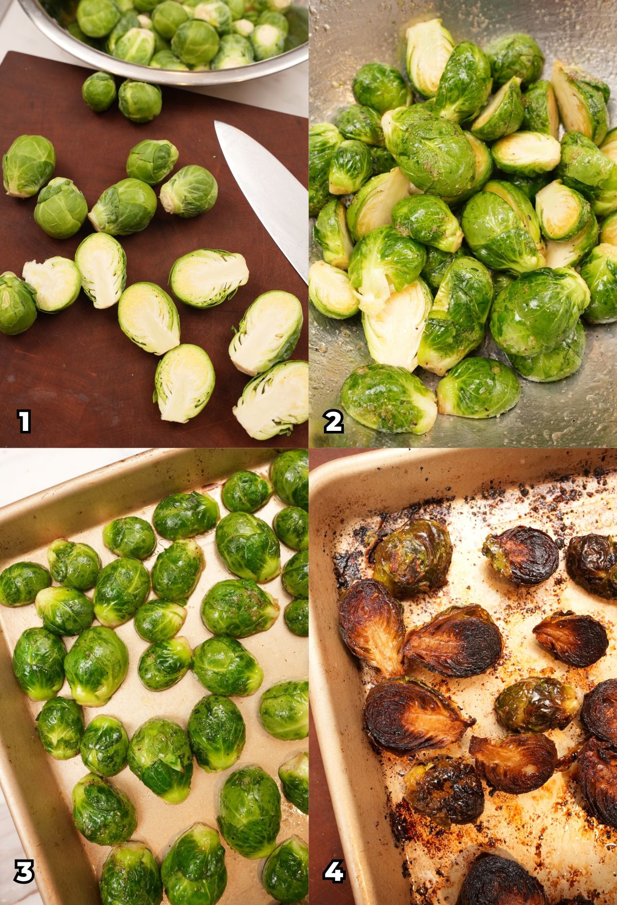 A 4 photo collage of cooking steps on how to make Crispy Roasted Brussels Sprouts, starting with cutting the brussels sprouts in half, seasoning them in spices and oil, then roasting them on a preheated baking tray until crispy.