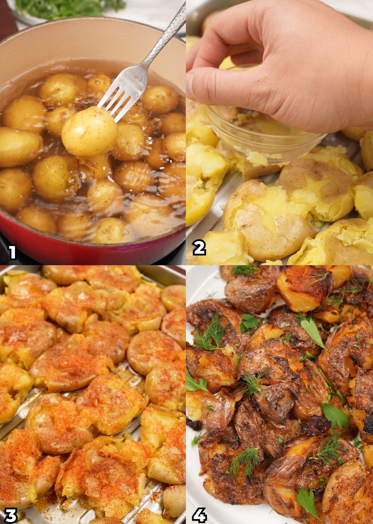 A 4 photo collage of key cooking steps on how to make crispy smashed potatoes at home.