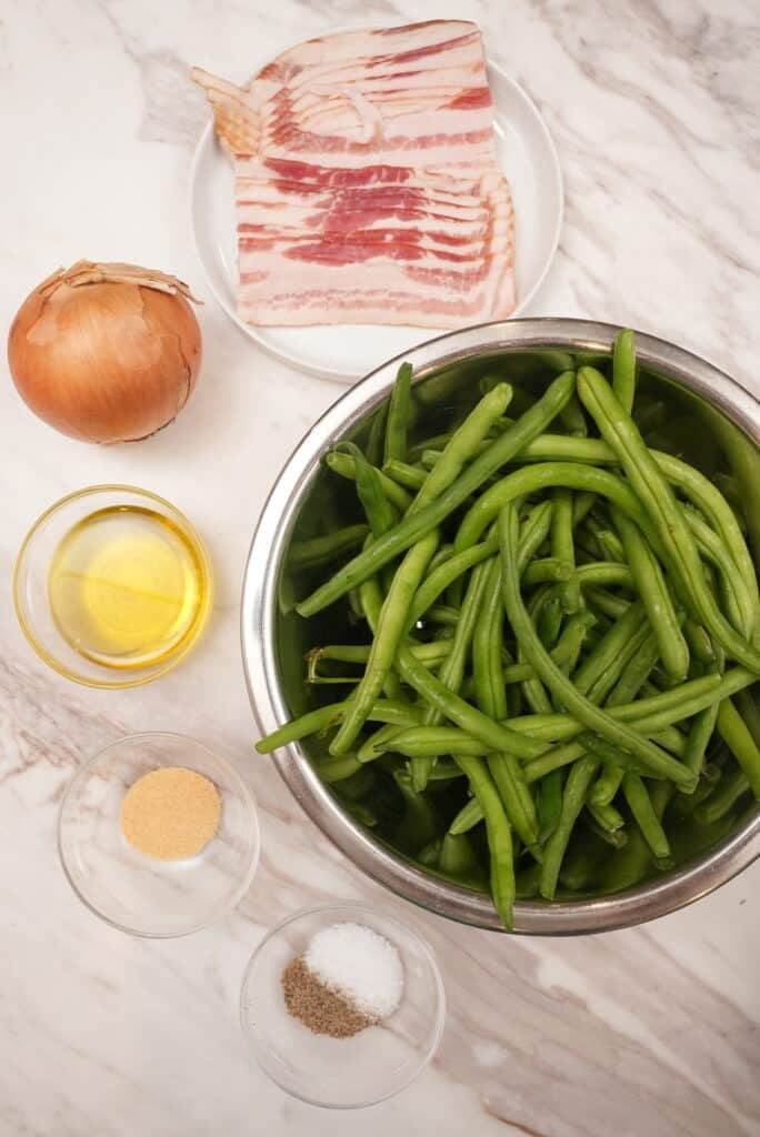 raw green beans, onion, bacon, and seasonings